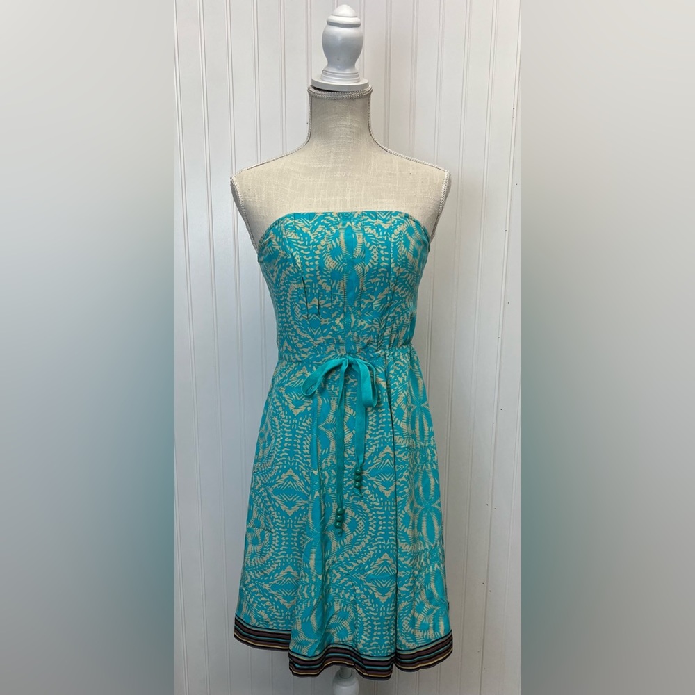 Plenty by‎ Tracy Reese 100% Silk Tribal Turquoise Strapless Dress Sz 4